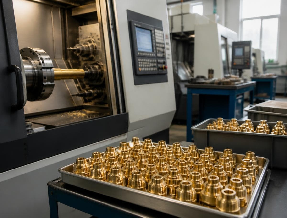 Brass component machining workshop with trays of turned brass parts